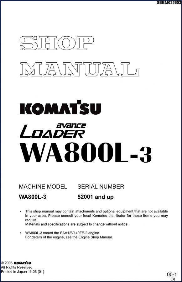 Komatsu WA800L-3 2006 Workshop Manual cover page