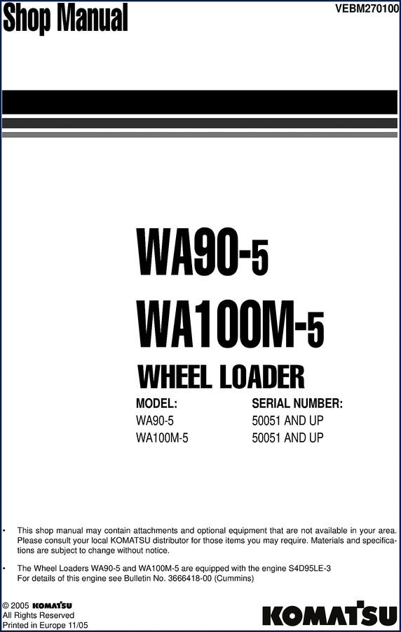 Komatsu WA90-5 2005 Workshop Manual cover - OEM factory service manual for wheel loader