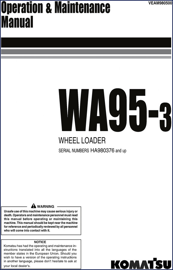 Komatsu WA95-3 Wheel Loader User Manual cover page – 198 pages operation and maintenance
