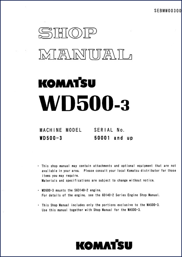 Komatsu WD500-3 wheel dozer workshop manual cover
