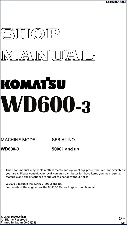 Komatsu WD600-3 2008 Workshop Manual cover with specifications and diagrams