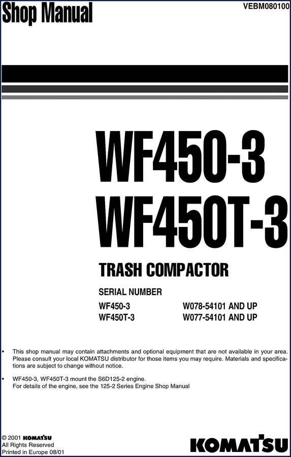 Komatsu WF450-3 WF450T-3 2001 Workshop Manual cover page