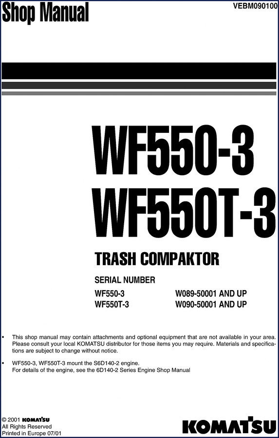 Komatsu WF550-3 workshop manual cover page 2001
