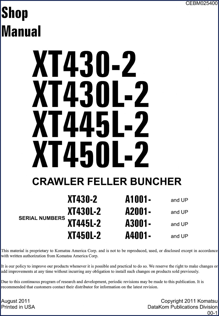 Komatsu XT430-2 XT430L-2 XT445L-2 XT450L-2 2011 Workshop Manual cover