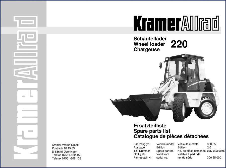 Kramer 220 wheel loader parts catalog cover showing machine with loader bucket and pallet forks