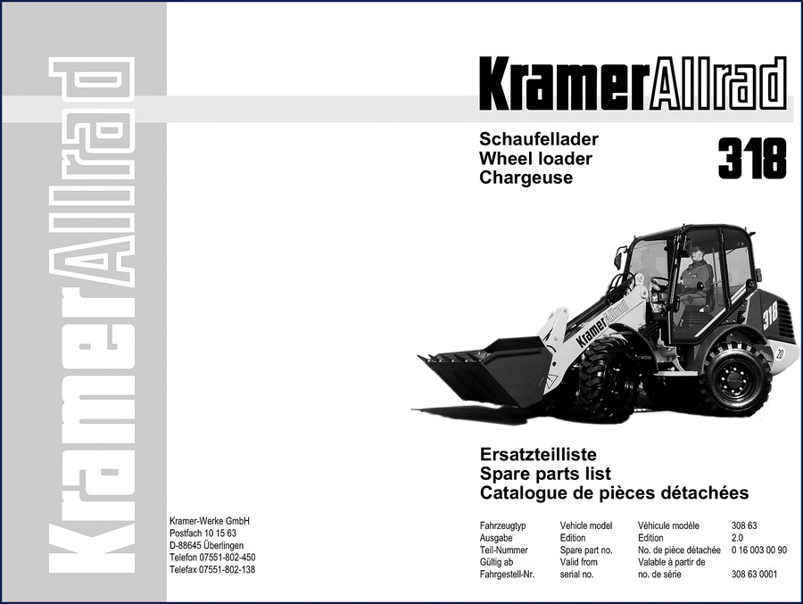 Kramer 318 Parts Catalog cover showing a loader with engine and hydraulic components