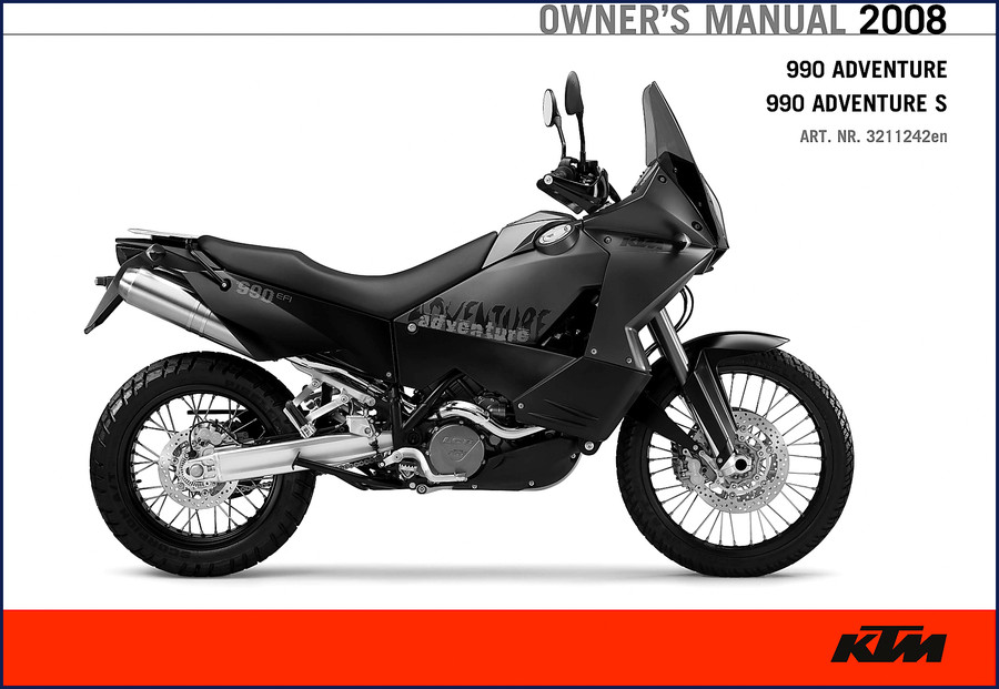 2008 KTM 990 Adventure User Manual cover showing owner's manual for 990 Adventure and 990 Adventure S models
