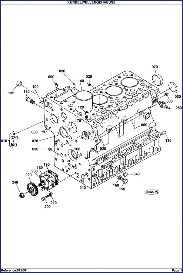 Kubota 01S001 01S002 Parts Catalog cover showing engine assembly exploded view