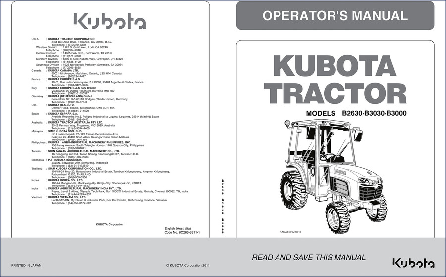 Kubota B2630, B3030, B3000 2011 Operators Manual cover showing tractor and specifications