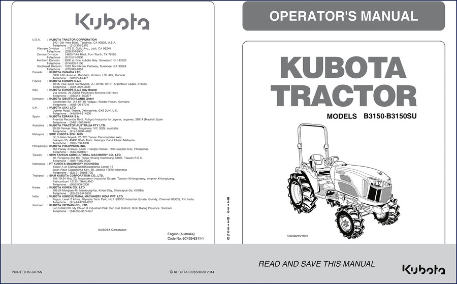 Kubota B3150 B3150SU 2014 Operators Manual cover page