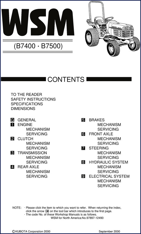 Kubota B7400 B7500 Workshop Manual 2000 factory service manual cover