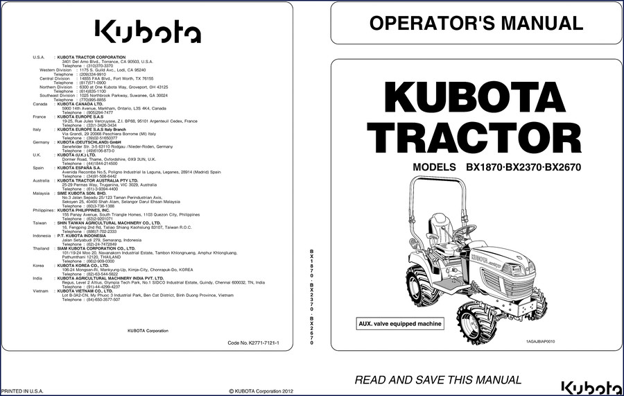 Kubota BX1870 BX2370 BX2670 2013 Workshop Manual cover page