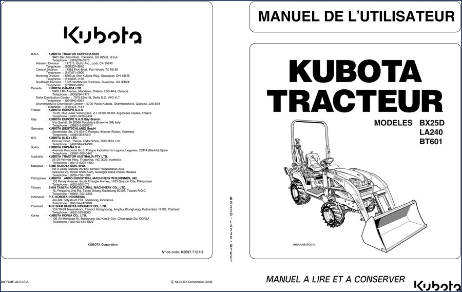 Kubota BX25D tractor with LA240 loader and BT601 backhoe user manual cover 2008 OEM document