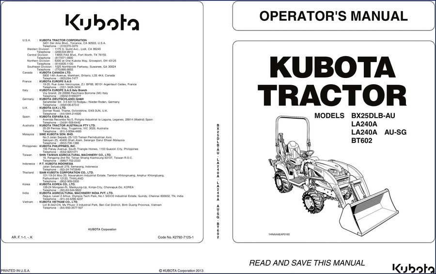 Kubota BX25DLB-AU, LA240A, BT602 2013 Operators Manual cover page showing model and safety labels