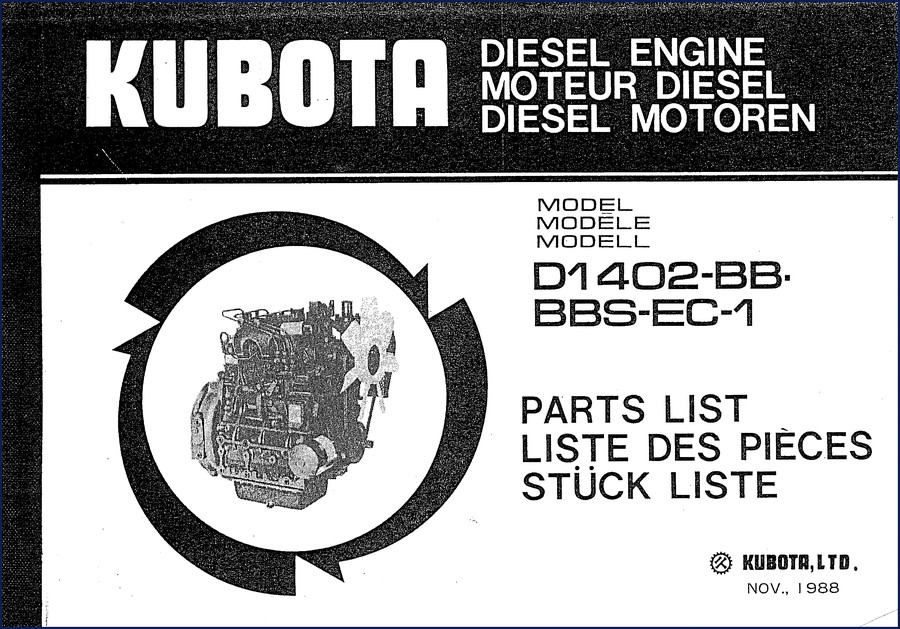 Kubota D1402-BB BBS-EC-1 1988 Factory Parts Catalog cover showing engine illustration