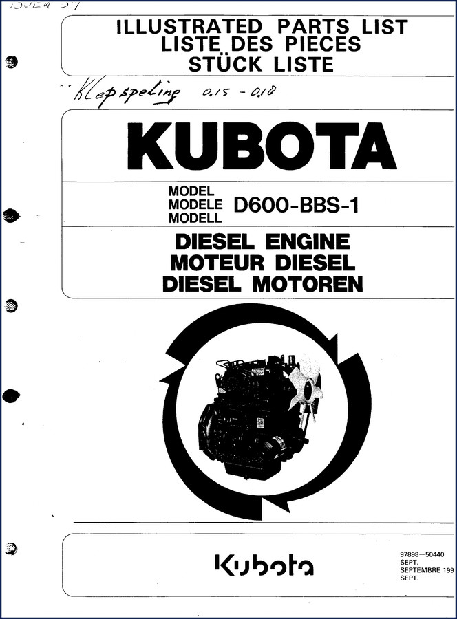 Kubota D600-BBS-1 1991 Parts Catalog OEM cover illustration