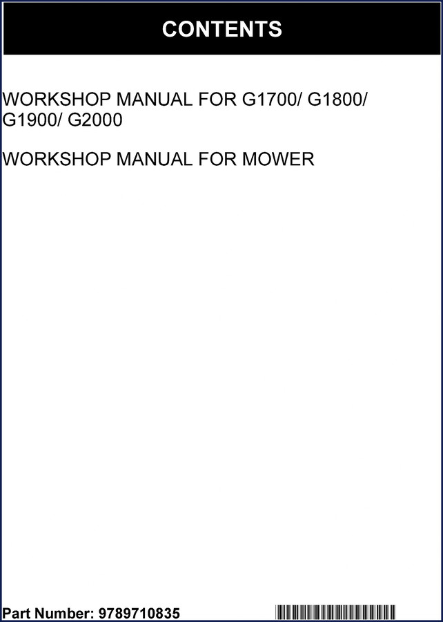Kubota G1700/G1800/G1900/G2000 workshop manual cover showing mower diagram with spec callouts