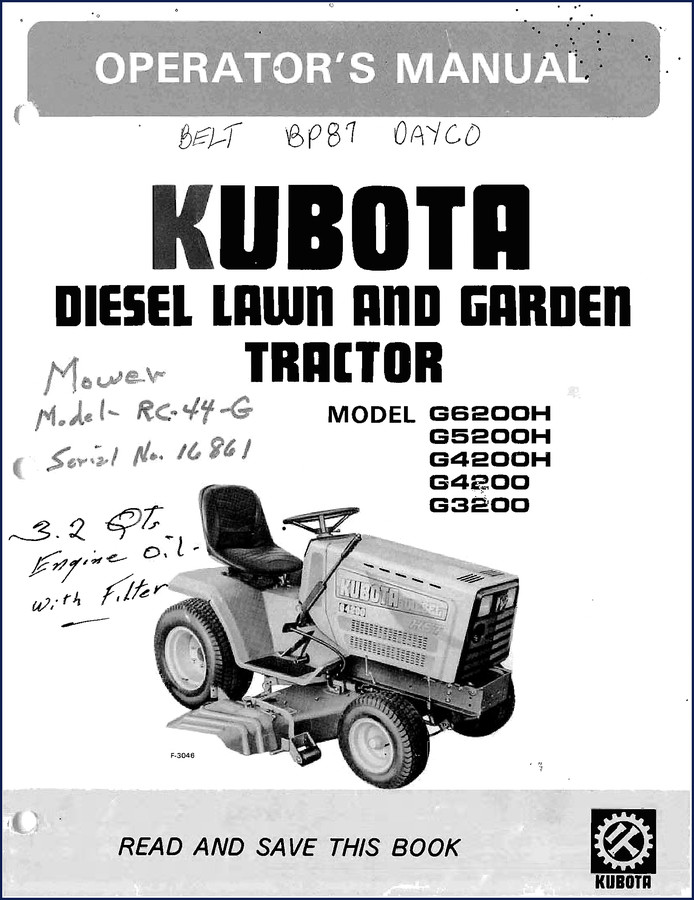 Kubota G6200H diesel lawn tractor operators manual cover showing model numbers G6200H, G5200H, G4200H, G4200, G3200