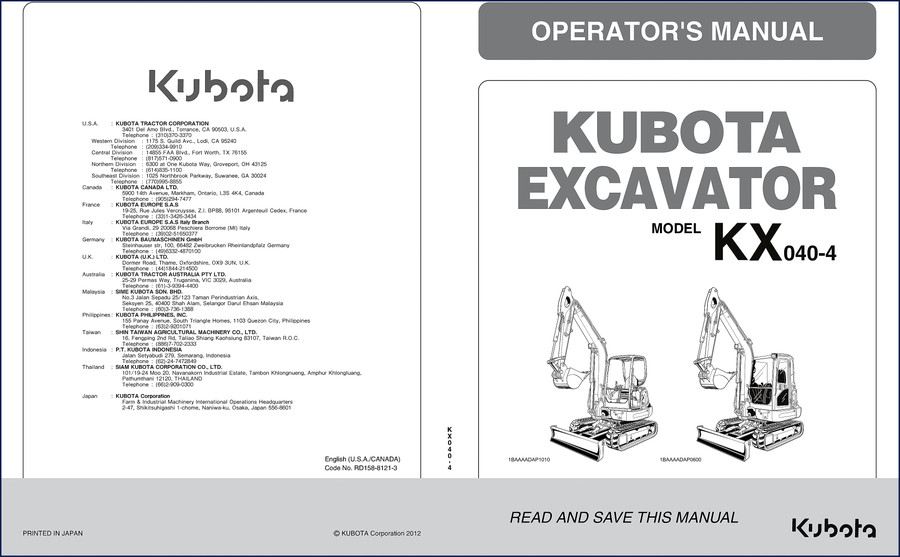 Kubota KX040-4 2013 Workshop Manual cover - factory service manual for mini excavator