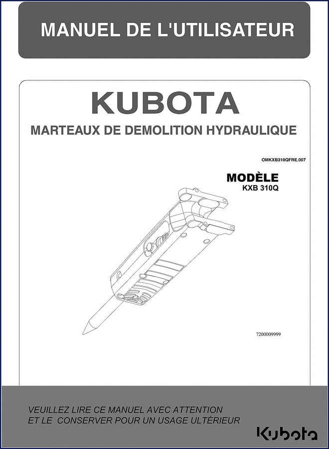 Kubota KXB 310Q user manual cover – OEM factory document for hydraulic demolition hammer