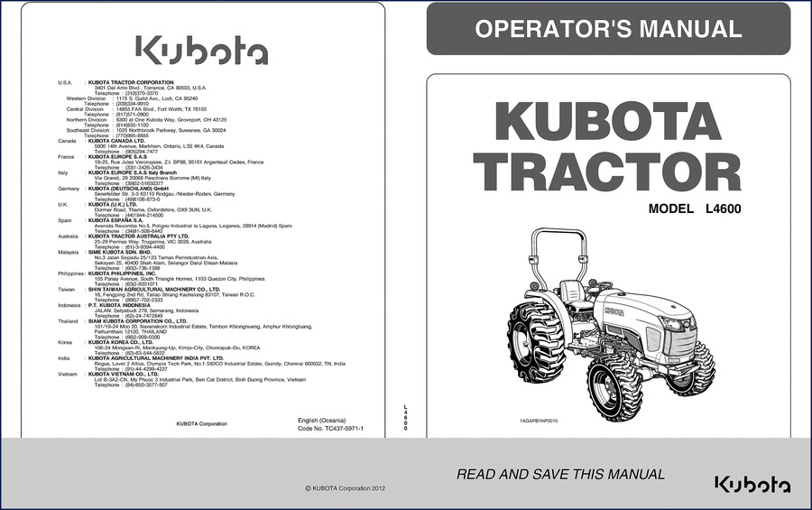 Kubota L4600 2012 Operators Manual cover page showing L4600 tractor
