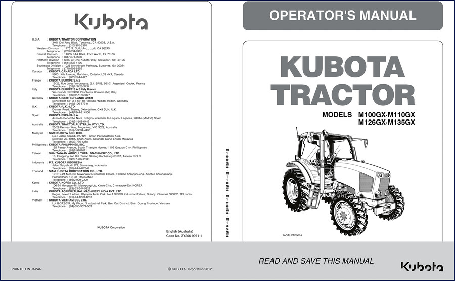 Kubota M100GX M110GX M126GX M135GX 2012 Operators Manual - OEM factory document with safety and specifications