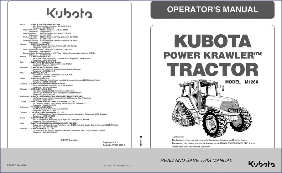 Kubota M126X 2009 Operators Manual cover - factory OEM document