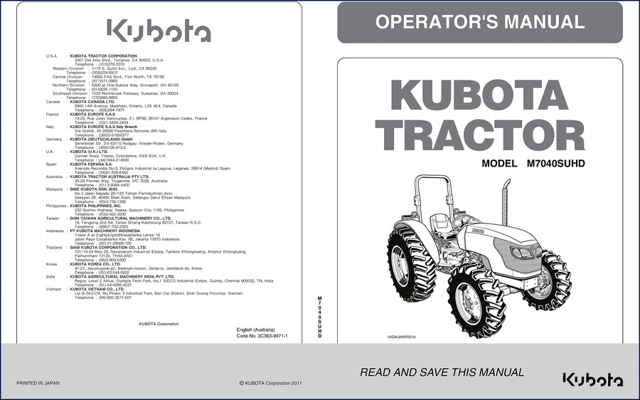 Kubota M7040SUHD 2011 Operators Manual cover – OEM factory document