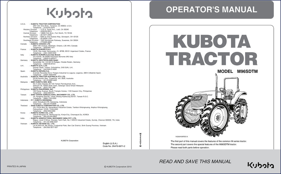 Kubota M96SDTSM 2010 Operators Manual cover page