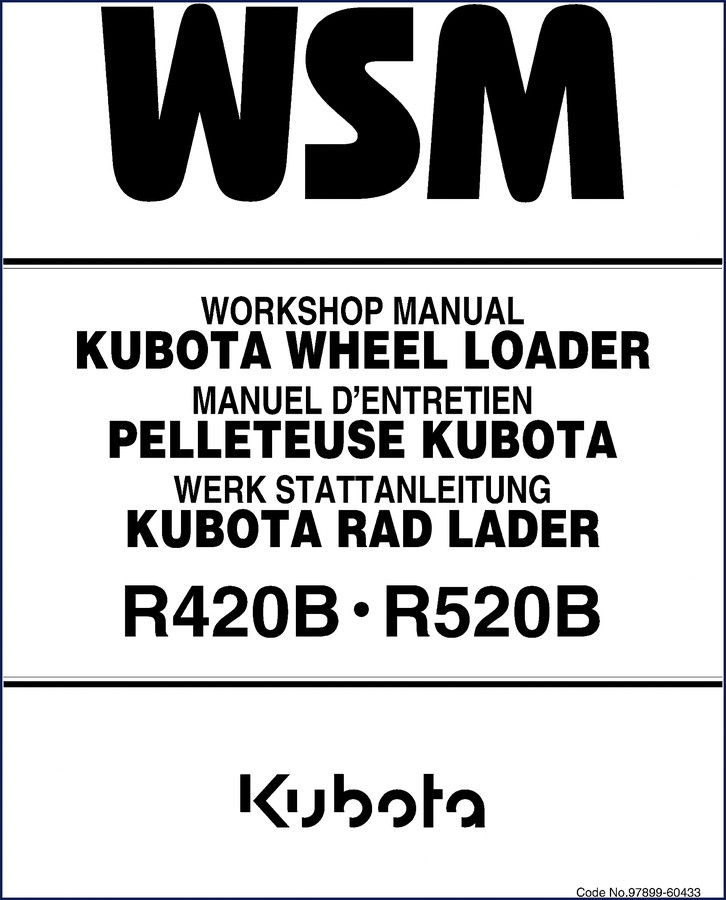Kubota R420B R520B wheel loader workshop manual cover showing front loader and backhoe