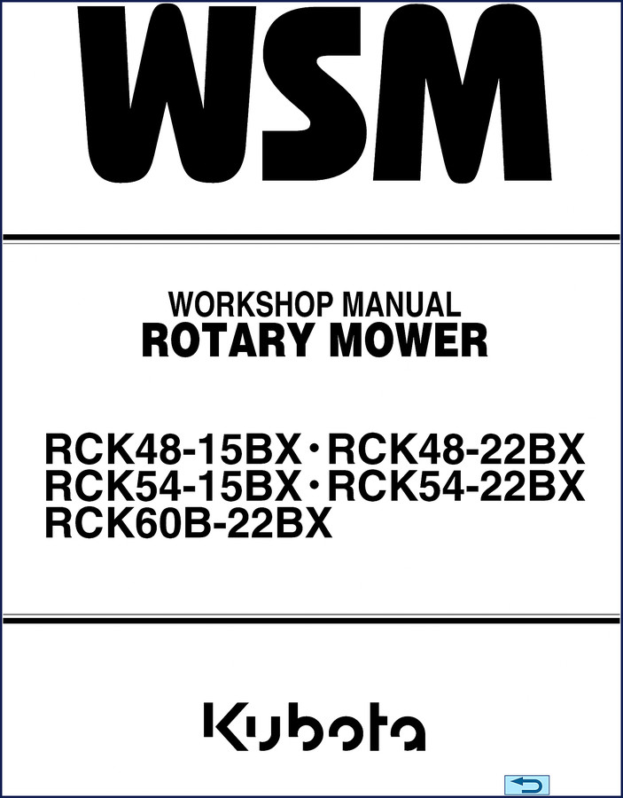 Kubota RCK48-15BX workshop manual cover showing deck and blade assembly specifications page 1
