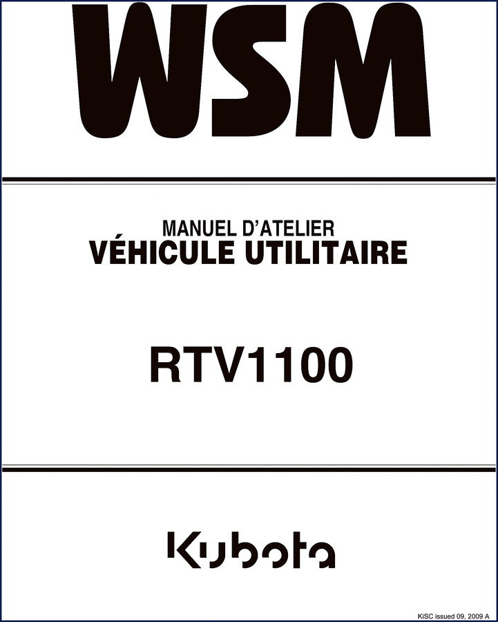 Cover of the 2009 Kubota RTV1100 Workshop Manual showing vehicle illustration and manual title