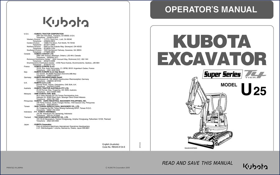 Kubota U25 2005 Operators Manual cover – OEM factory manual for excavator Super Series T4 Tier