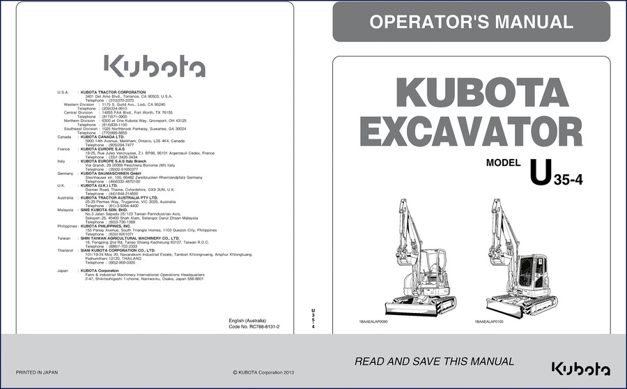 Kubota U35-4 2013 Workshop Manual cover – 514 pages factory service manual