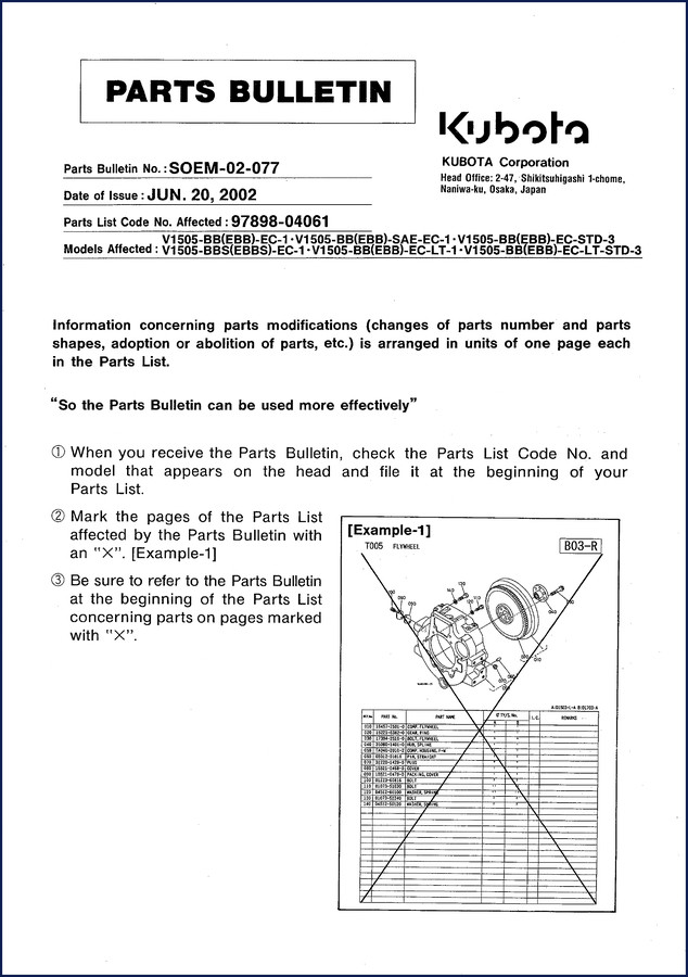 Kubota V1505 2002 Parts Catalog front cover showing engine diagram and parts list
