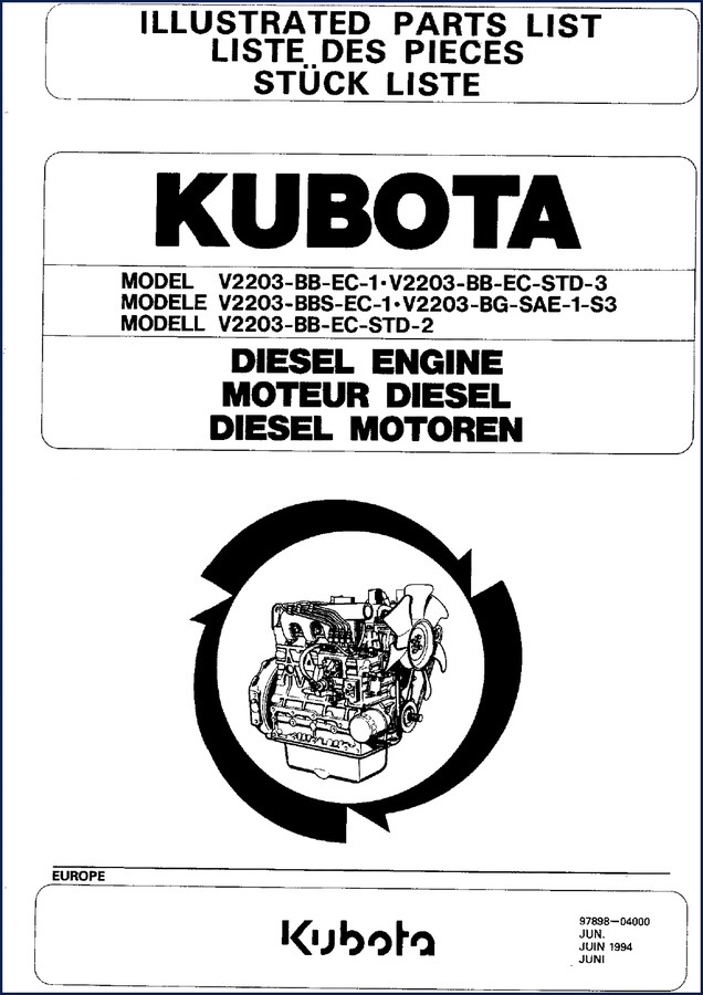 Kubota V2203-BB-EC-1 1994 Parts Catalog cover – OEM factory illustrated parts list