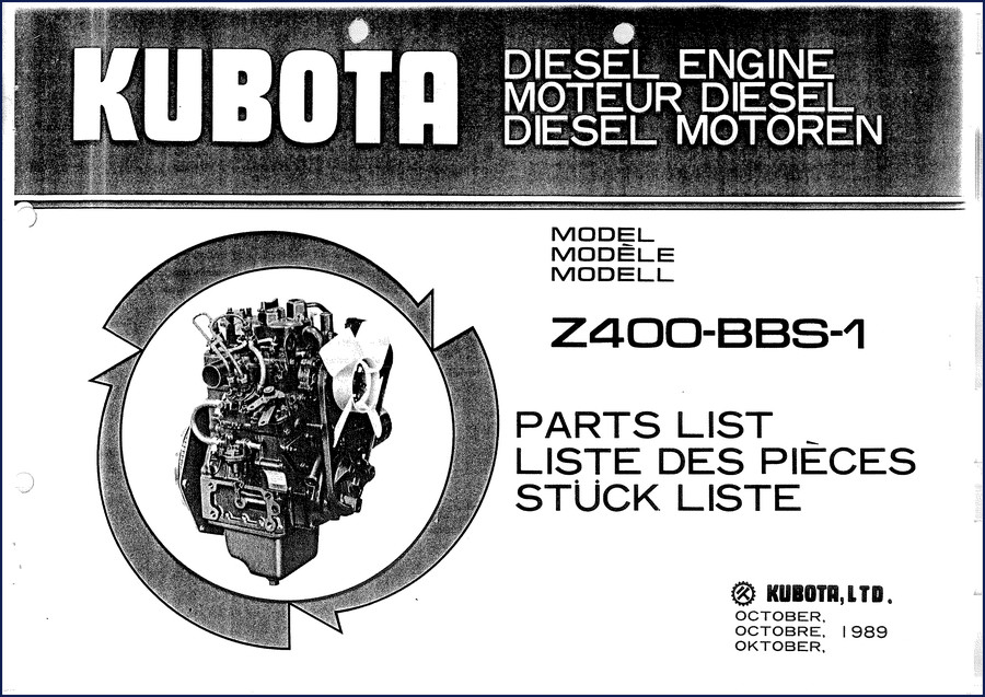 Kubota Z400-BBS-1 diesel engine parts catalog cover from 1989