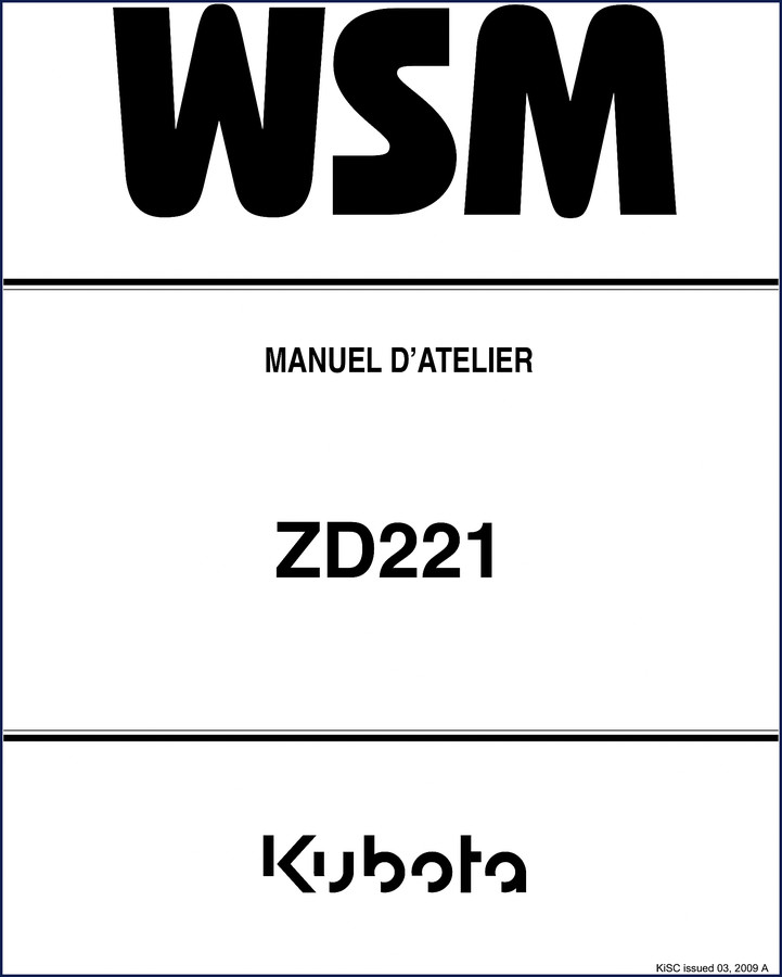 Kubota ZD221 2009 Workshop Manual cover showing zero-turn mower with safety warnings