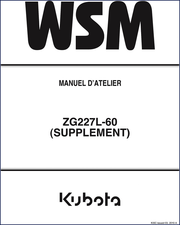 Kubota ZG227L-60 2010 Workshop Manual cover page showing model and factory supplement label