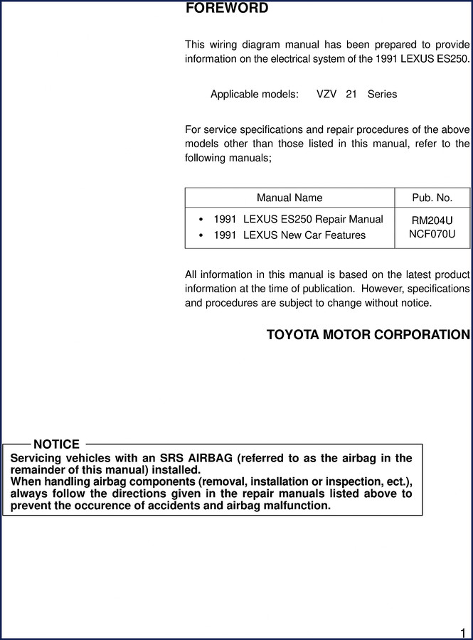 1991 Lexus ES250 Factory Wiring Diagram manual cover - 161 pages OEM electrical system documentation