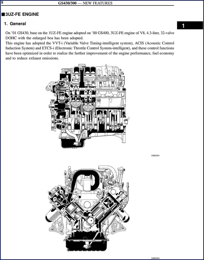 2001 Lexus GS430 GS400 Training Manual cover with 3UZ-FE engine diagram