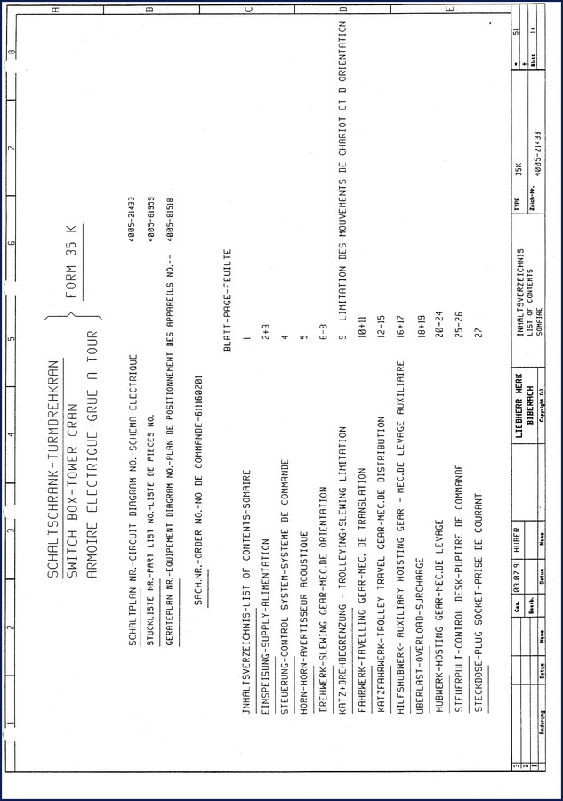 Liebherr 35K Tower Crane Wiring Diagram – 29-page factory OEM electrical schematic document