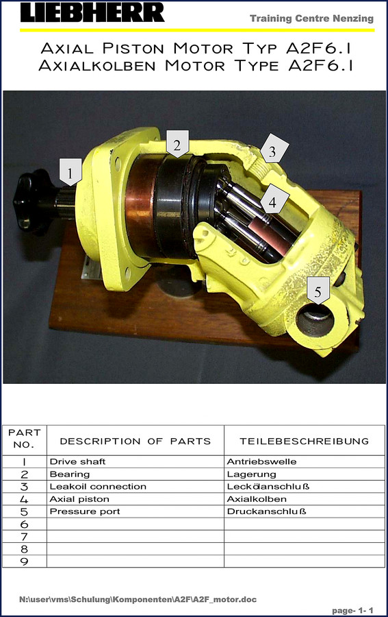 Liebherr A2F6 Training Manual cover - axial piston motor training document from Liebherr Training Centre Nenzing