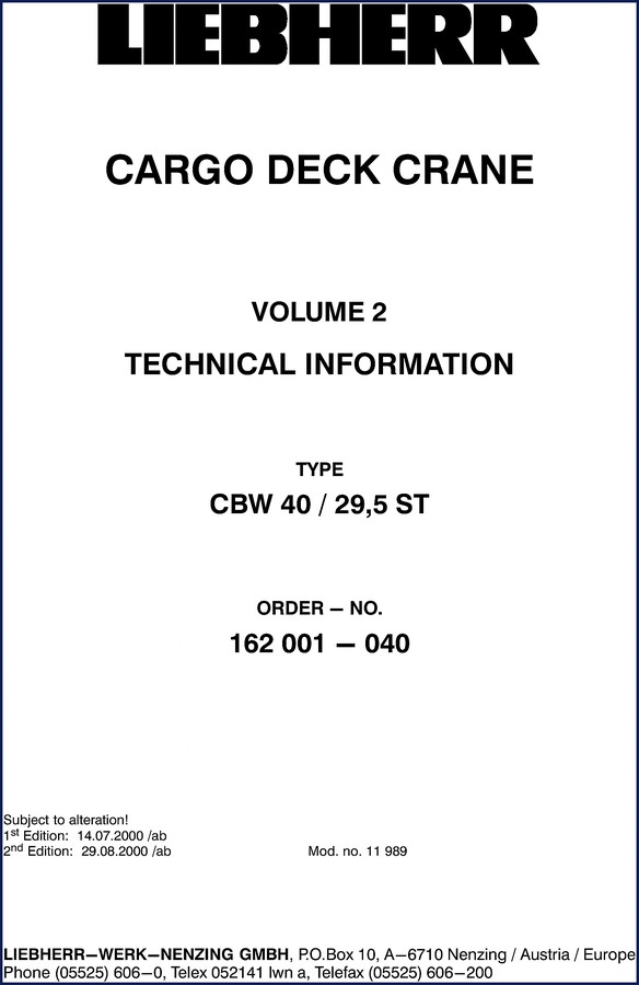 Liebherr CBW 40/29,5 ST 2000 technical manual cover – factory OEM documentation for cargo deck crane