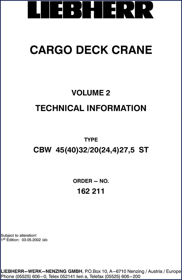 Liebherr CBW 45 2002 Technical Manual cover showing crane and manual title