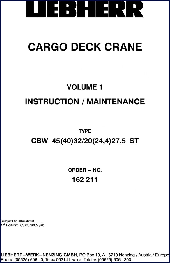 Liebherr CBW 45(40)32/20(24,4)27,5 2002 Technical Manual cover – instruction and maintenance volume