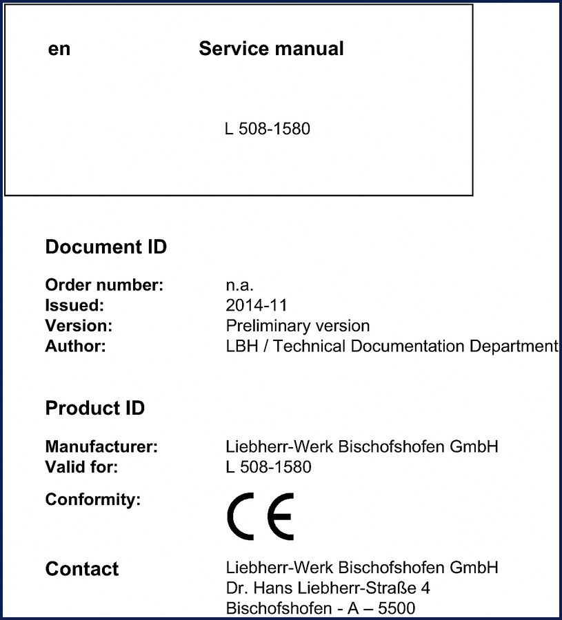 Liebherr L 508 and L 1580 2014 Service Manual cover showing loader and manual title