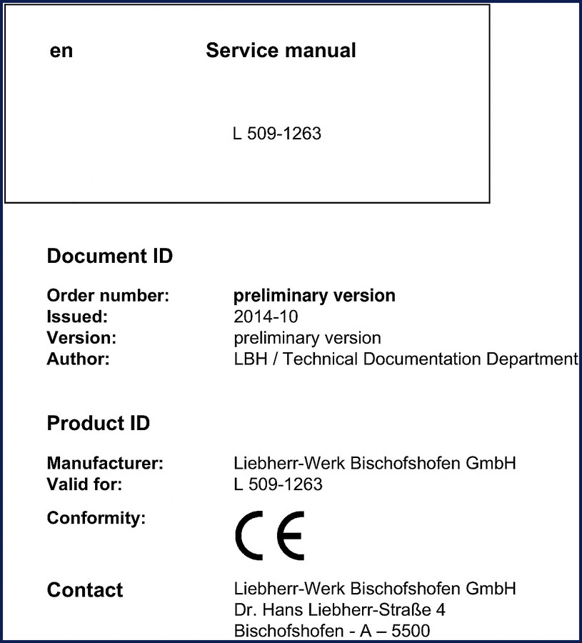 Liebherr L 509 2014 Service Manual cover page