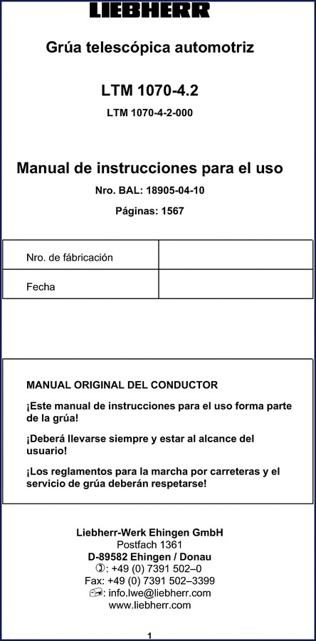 Factory OEM wiring diagram for Liebherr LTM 1070-4.2 crane – 316 pages, 2010 publication