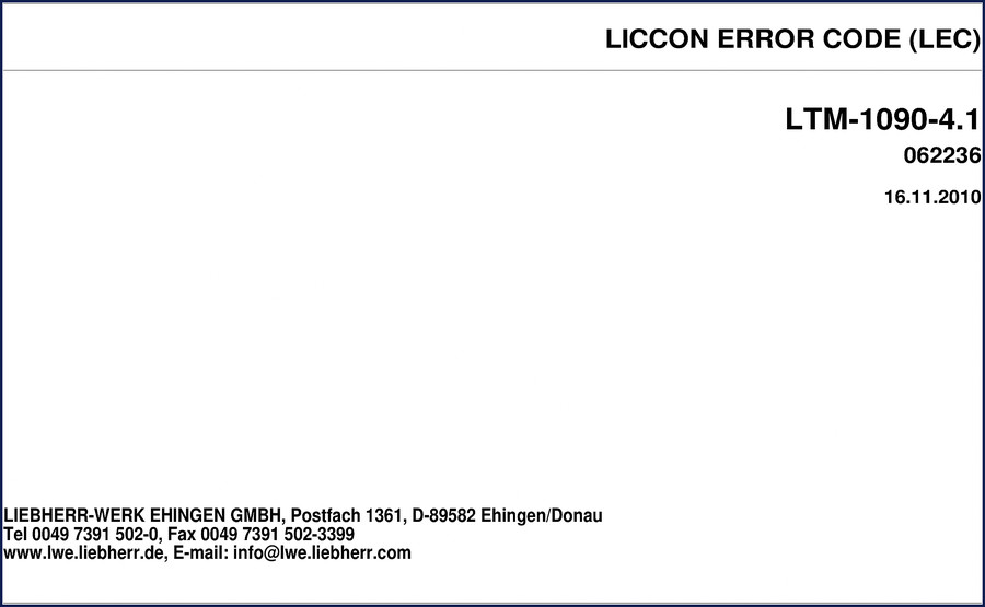 Liebherr LTM 1090-4.1 2010 Diagnostics Manual cover showing LICCON error code system